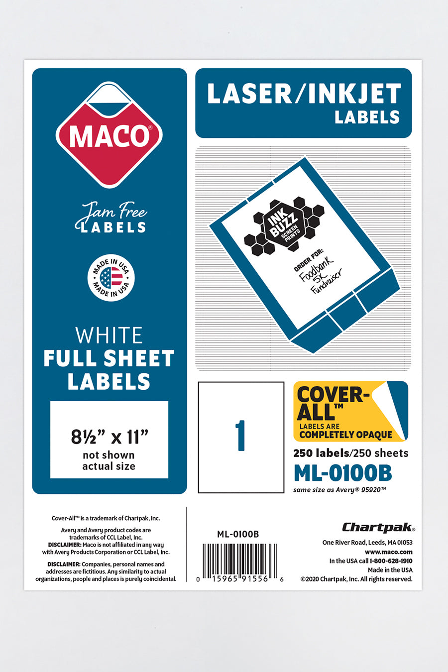Laser/Ink Jet White Full Sheet Labels, 8-1/2" x 11", 1/Sheet, 250 Labels/Bx