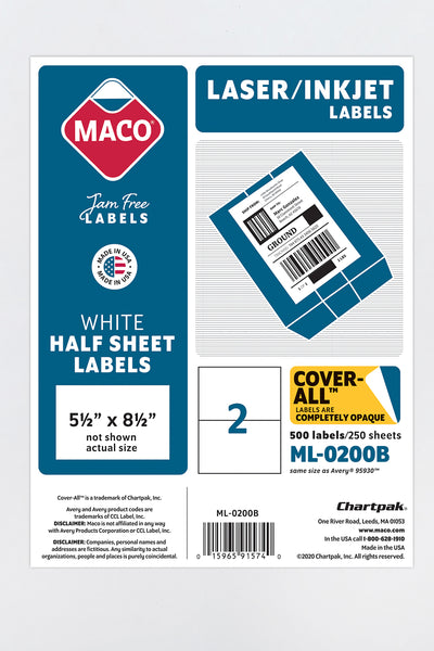 Laser/Ink Jet White Internet Shipping Labels, 5-1/2" x 8-1/2", 2/Sheet, 500 Labels/Bx
