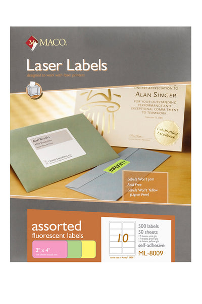Laser Assorted Neon Labels, 2" x 4", 10/Sheet, 500 Labels/Bx