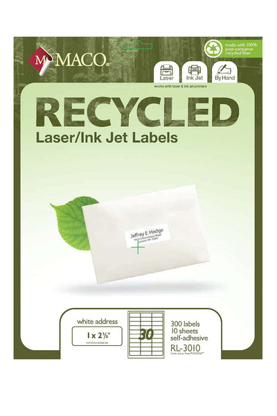 Laser/Ink Jet Recycled White Address Labels, 1" x 2-5/8", 30/Sheet, 300 Labels/Pk