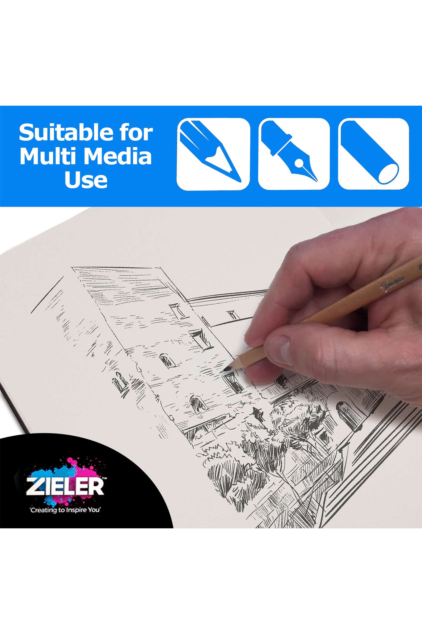 Zieler® A4 Bound Hardback Mixed Media Sketchbook (Portrait), 150gsm, 50 sheets