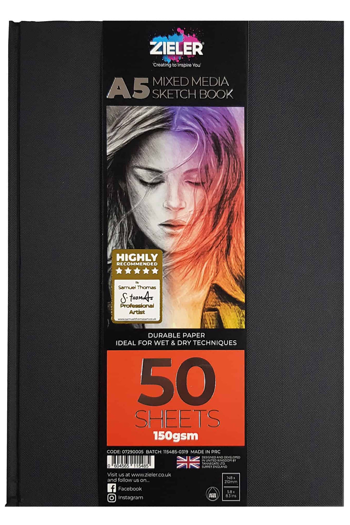 Zieler® A5 Bound Hardback Mixed Media Sketchbook (Portrait), 150gsm, 50 sheets