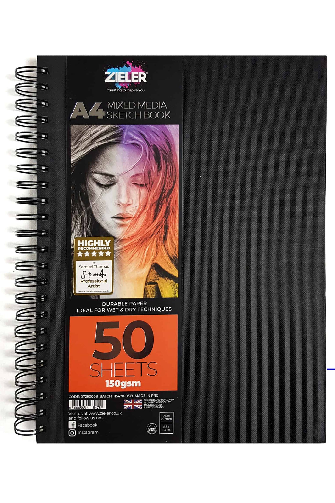 Zieler® A4 Spiral Bound Hardback Mixed Media Sketchbook (Portrait), 150gsm, 50 sheets