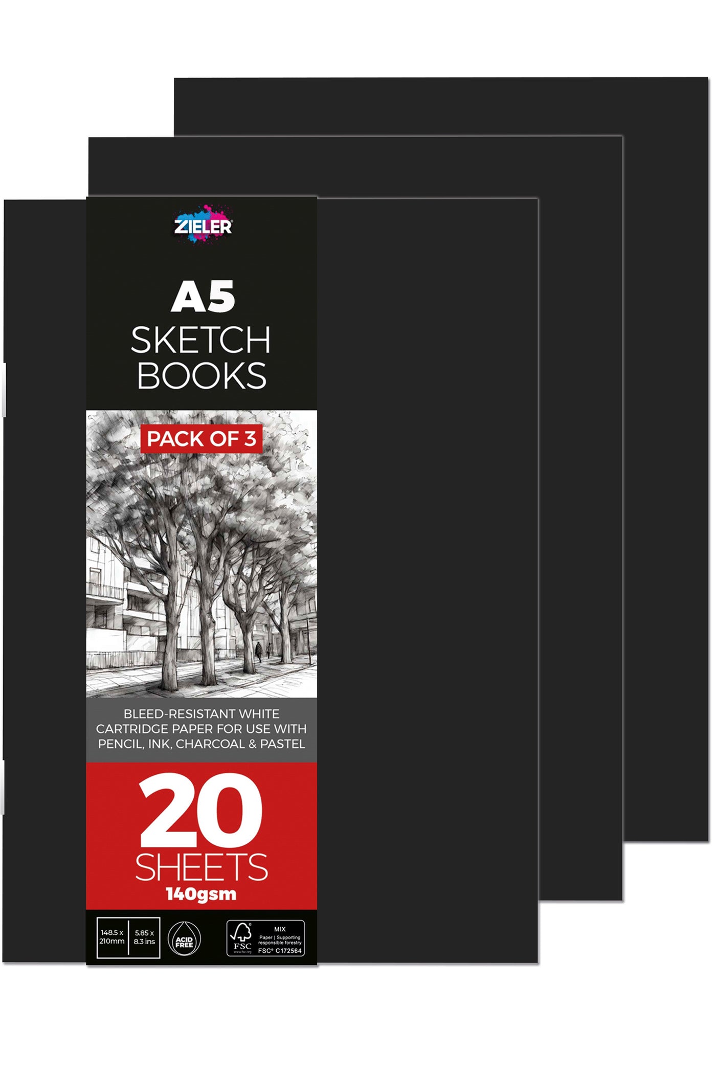 Zieler® A5 Soft Cover Sketchbook, 140gsm, 20 sheets, Pack of 3