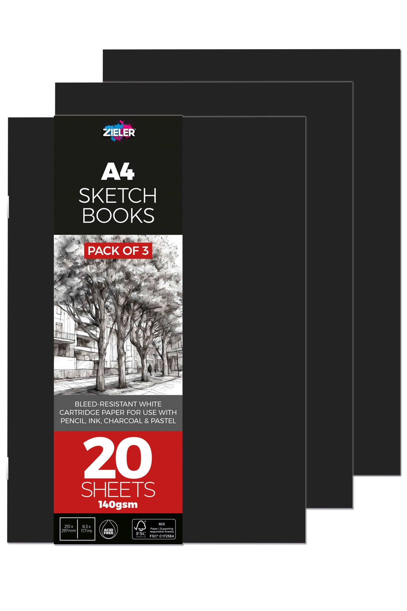 Zieler® A4 Soft Cover Sketchbook, 140gsm, 20 Sheets, Pack of 3