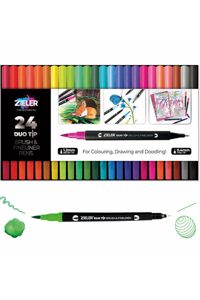 Zieler® Fineliner Pens / Brush Pens (Duo Tip, set of 24)