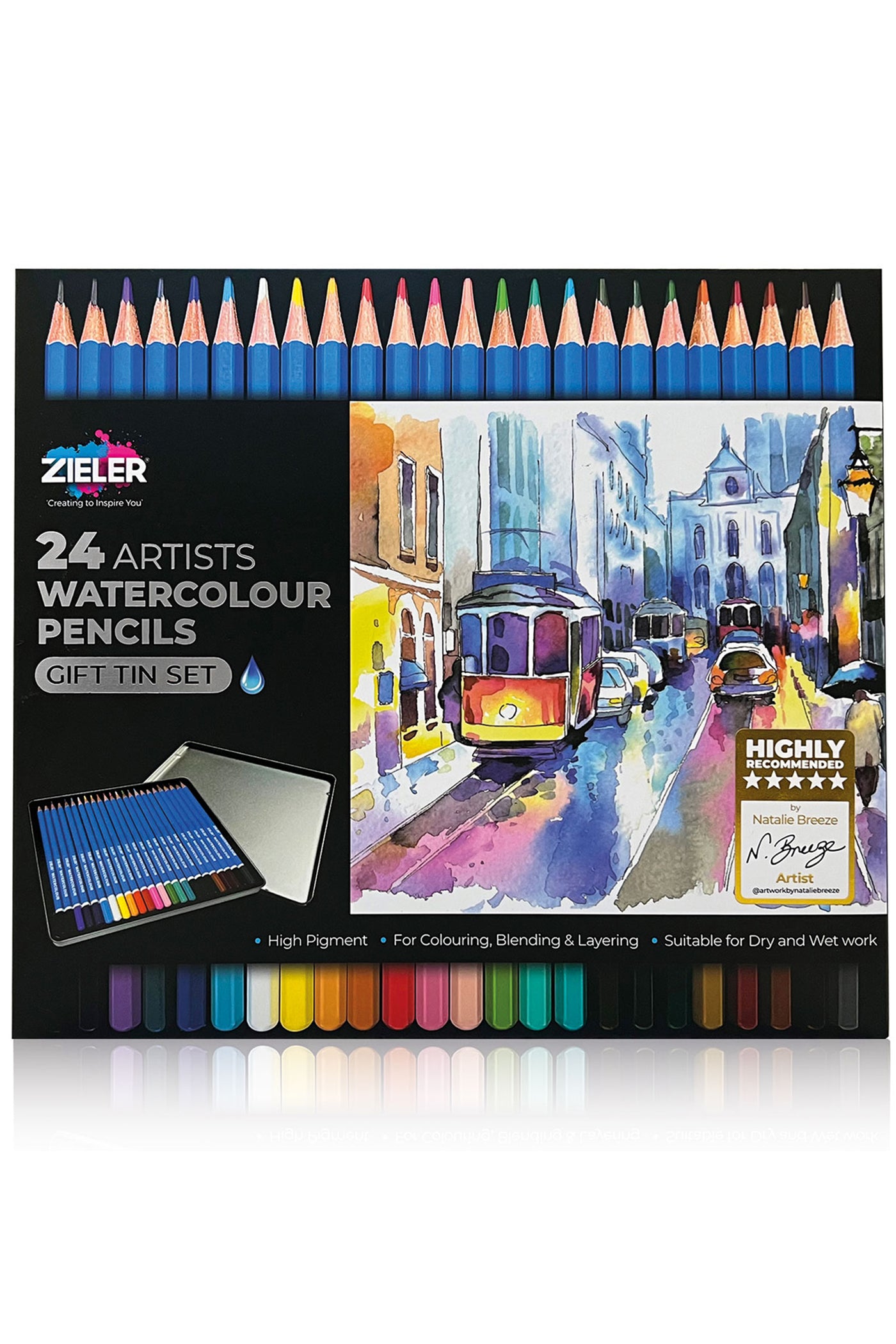 Zieler® 24 Artists Watercolor Pencils, Gift Tin Set