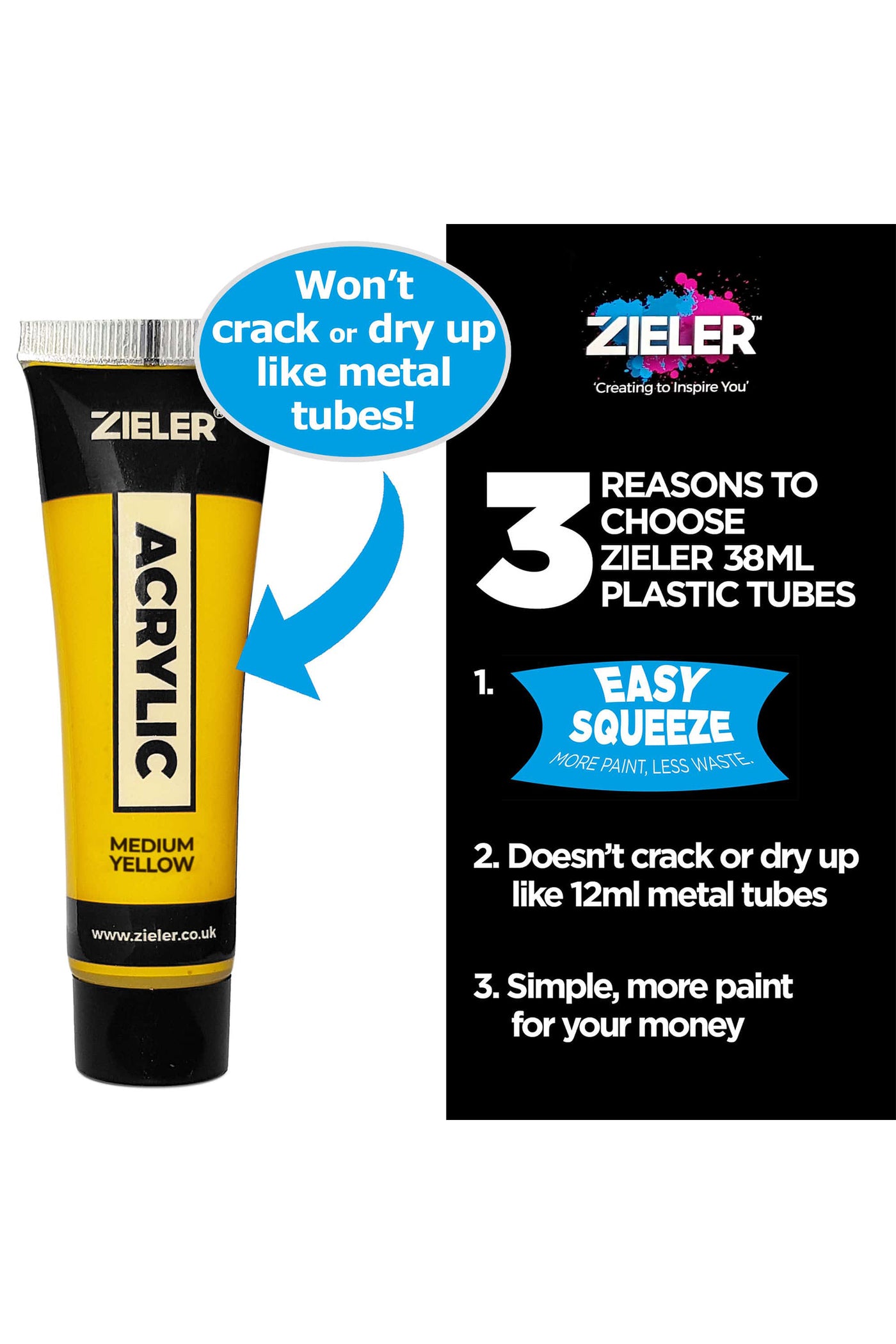 Zieler® Premium Acrylic Paint Selection Set (10 Tubes – 38ml - Essential Colors)