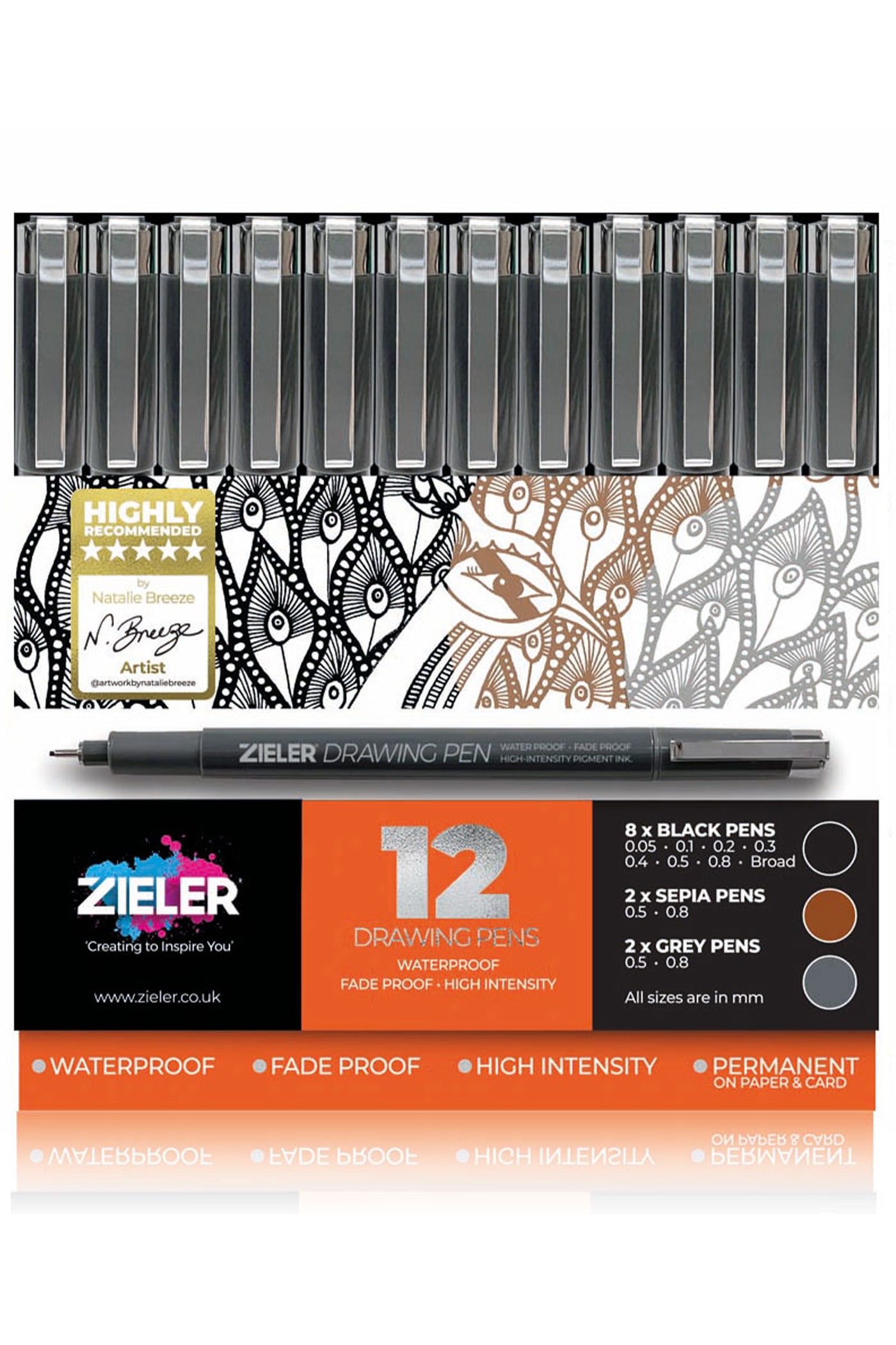 Zieler® 12 Fineliner Drawing Pens - Black, Sepia & Grey