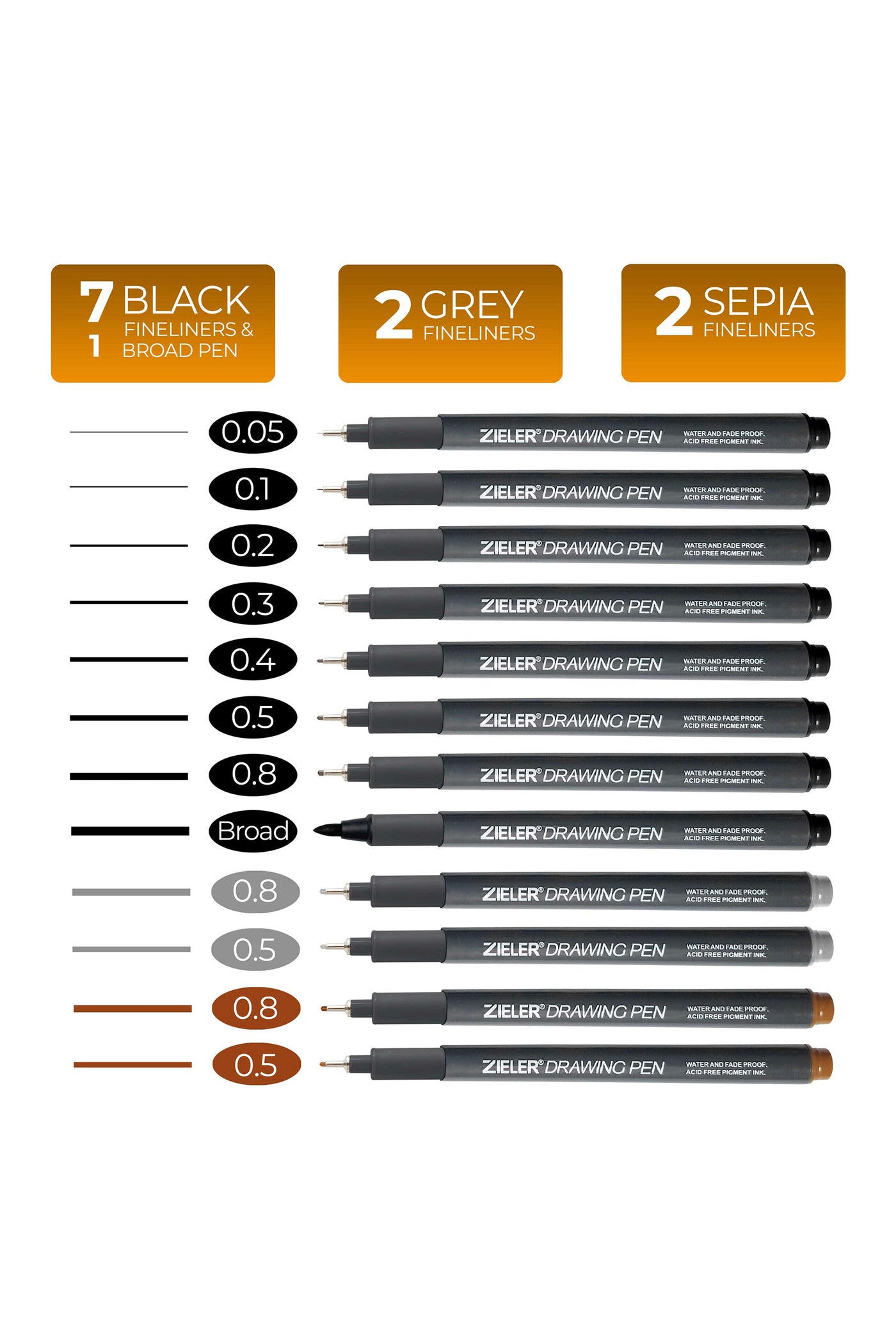 Zieler® 12 Fineliner Drawing Pens - Black, Sepia & Grey