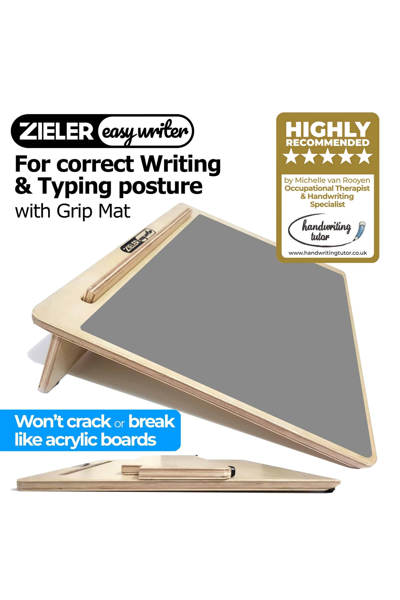 Zieler® Large (A3) Wooden Ergonomic Writing Slope with Grip Mat