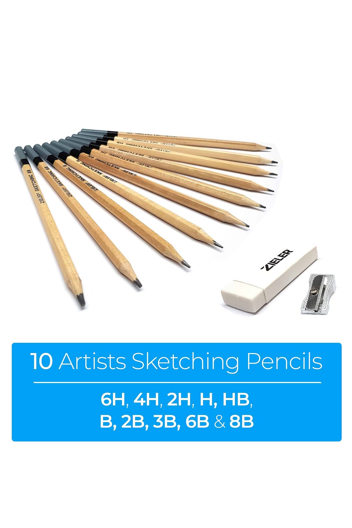 Zieler® Artists Pencil Sketching Set, 10 Graded Pencils, Eraser & Metal Sharpener