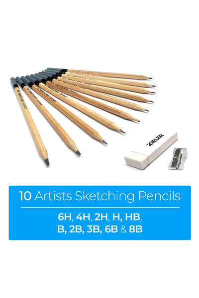 Zieler® Artists Pencil Sketching Set, 10 Graded Pencils, Eraser & Metal Sharpener