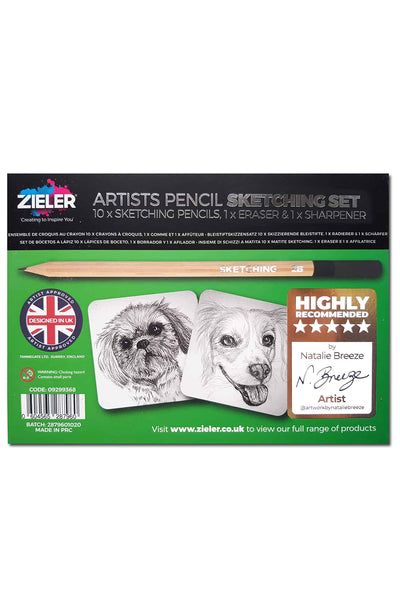 Zieler® Artists Pencil Sketching Set, 10 Graded Pencils, Eraser & Metal Sharpener