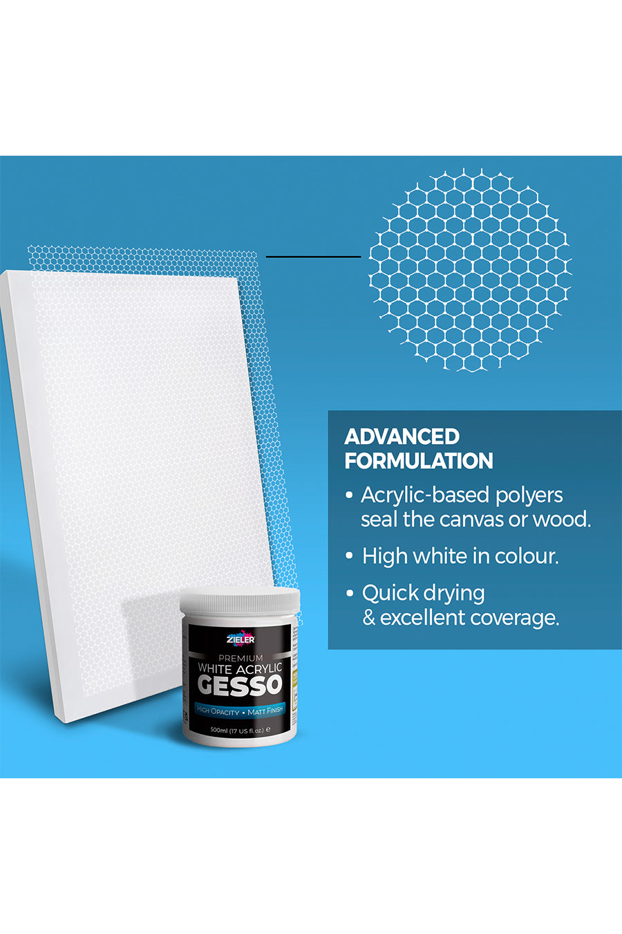 Zieler® Premium White Acrylic High Opacity Gesso, Matt Finish (500ml)