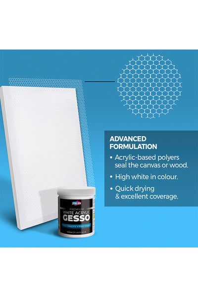 Zieler® Premium White Acrylic High Opacity Gesso, Matt Finish (500ml)