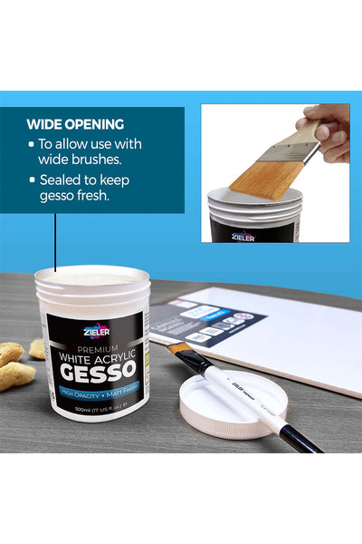 Zieler® Premium White Acrylic High Opacity Gesso, Matt Finish (500ml)