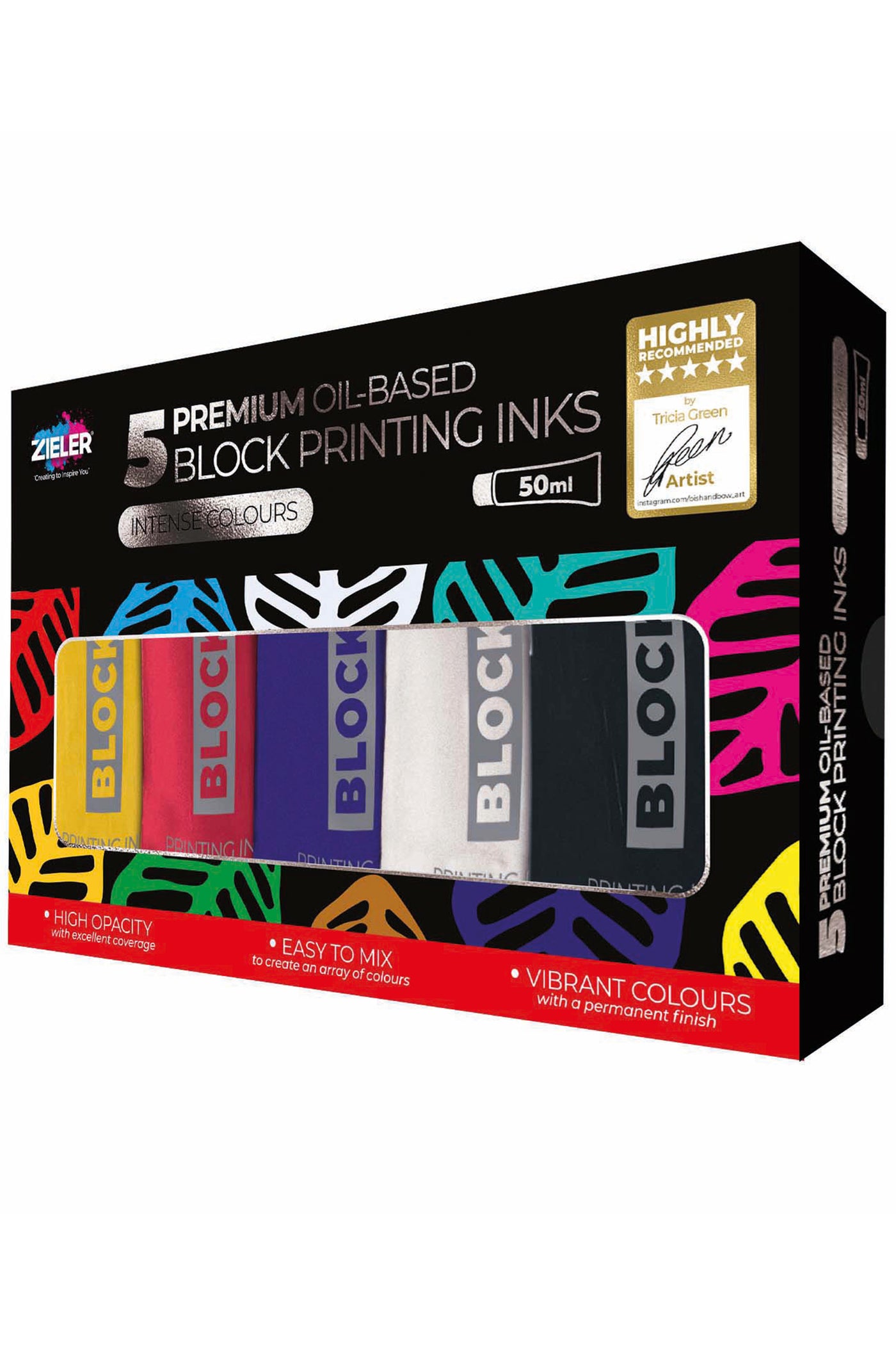 Zieler® 5 Block Printing Inks, Premium Oil-Based 50ml Tubes in Black, Blue, Red, White & Yellow