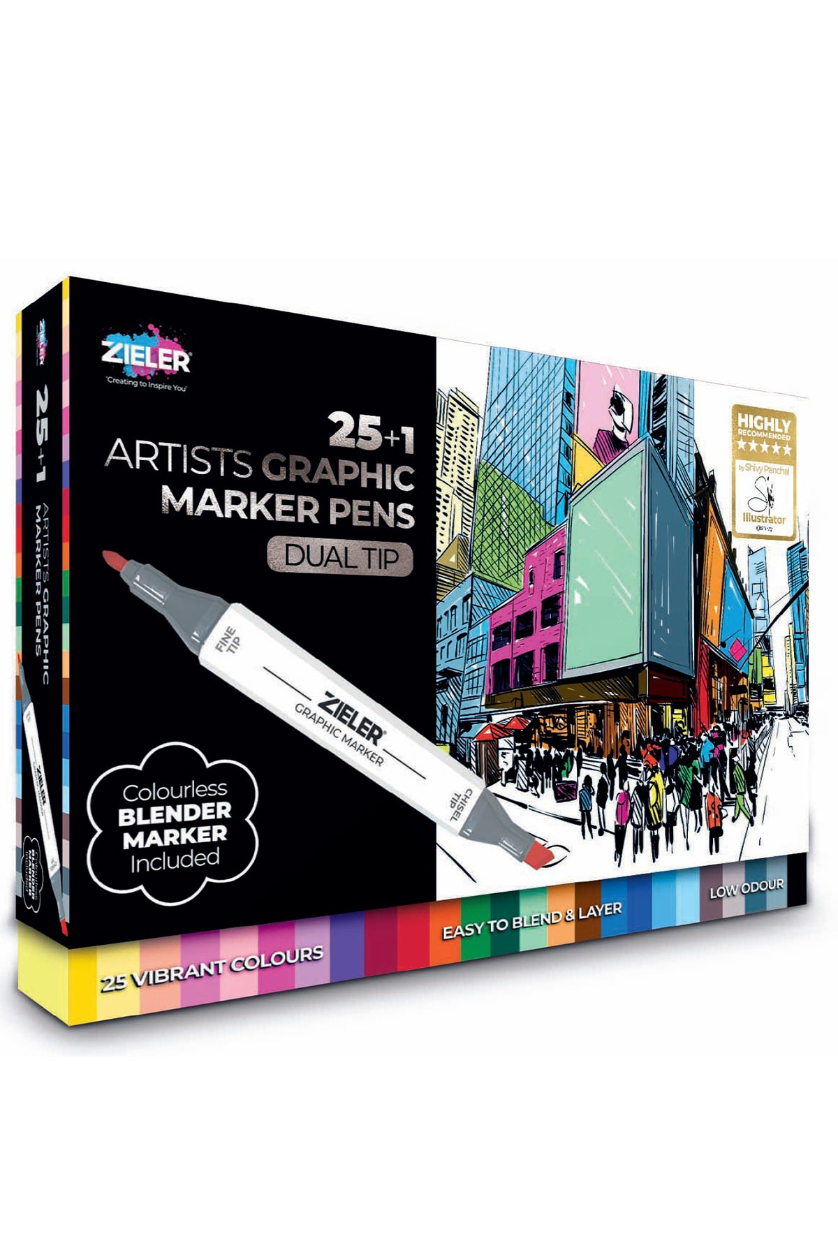 Zieler® 25 Artists Graphic Marker Pens + 1 Blending Marker, Dual Tip