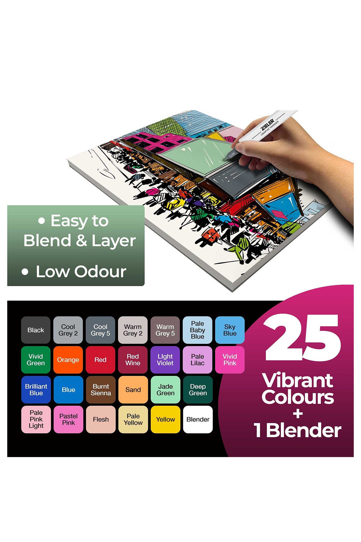 Zieler® 25 Artists Graphic Marker Pens + 1 Blending Marker, Dual Tip