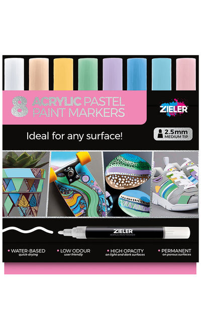 Acrylic Pastel Paint Marker Pens, Medium tip (2.5mm), Set of 8 Assorted Pastel Colors