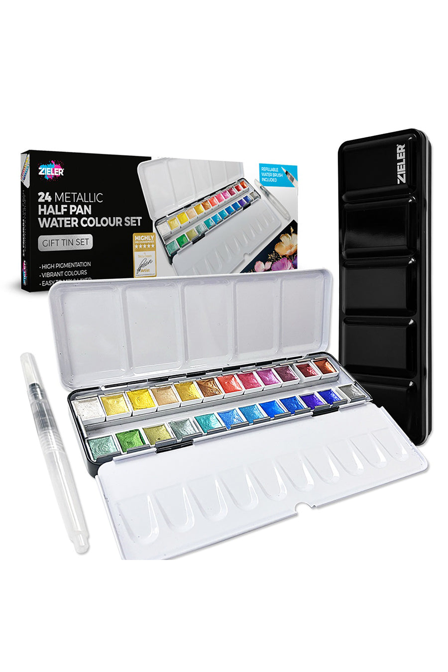 24 Metallic Half Pan Watercolour Metal Tin Set with Water Brush