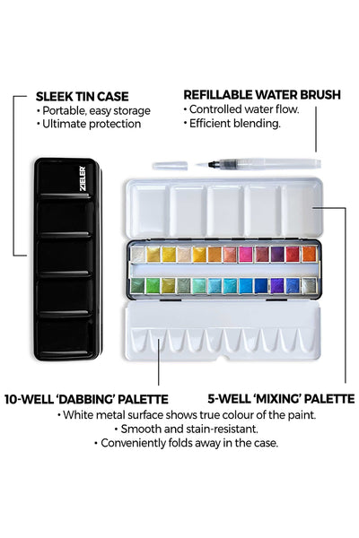 24 Metallic Half Pan Watercolour Metal Tin Set with Water Brush