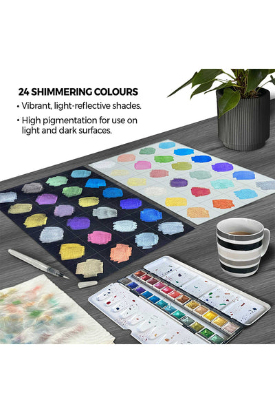 24 Metallic Half Pan Watercolour Metal Tin Set with Water Brush