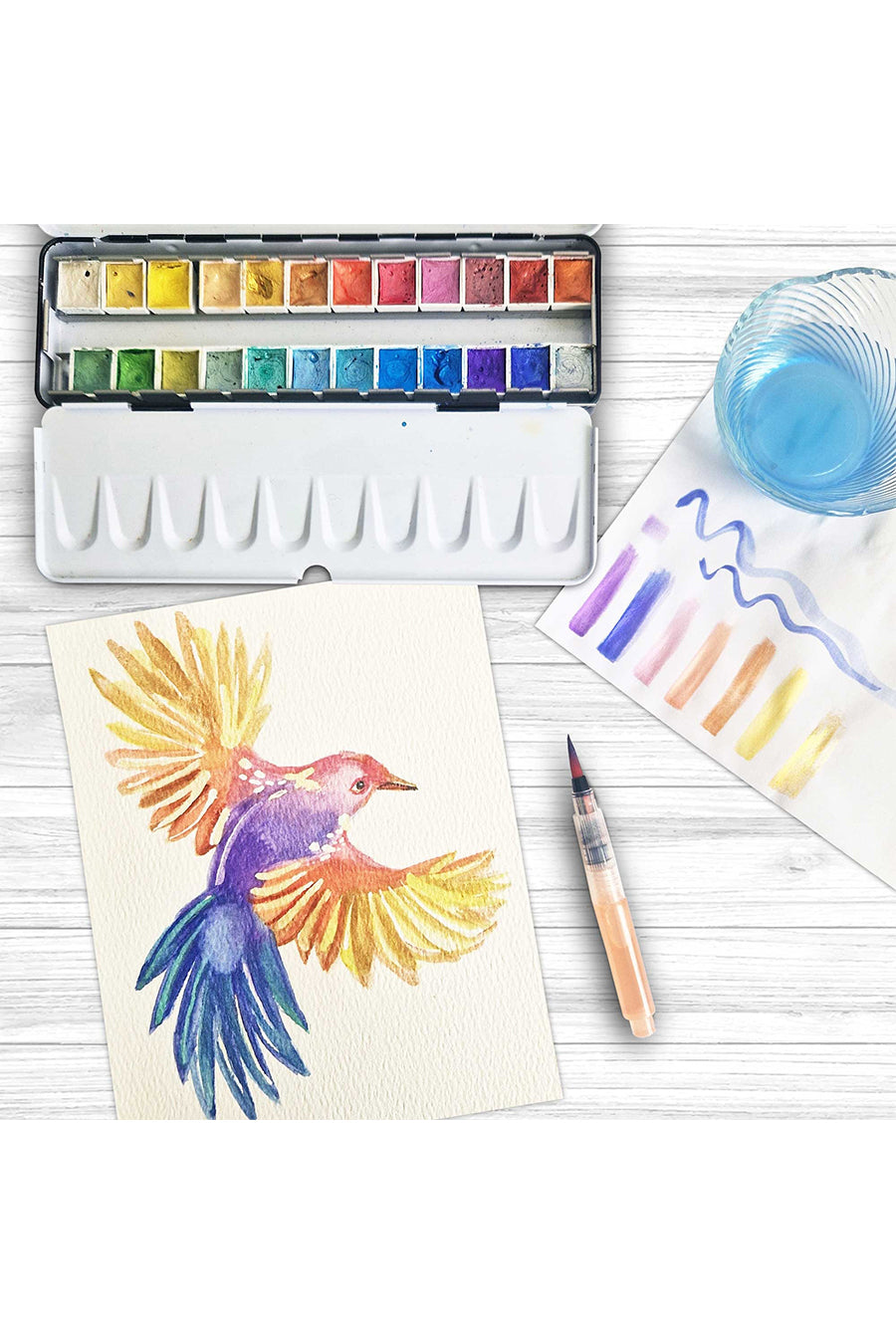 24 Metallic Half Pan Watercolour Metal Tin Set with Water Brush