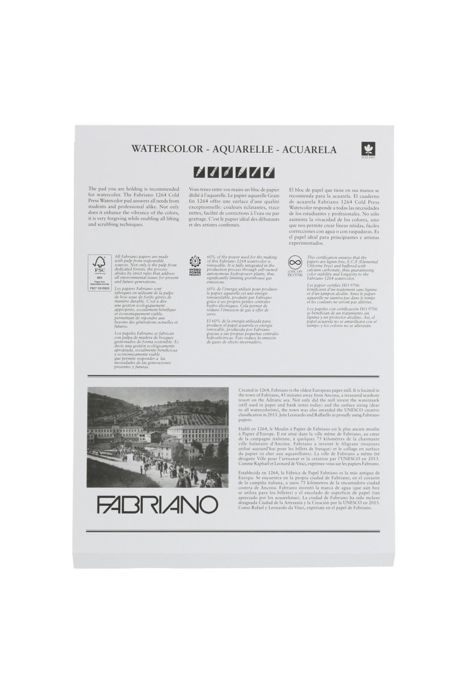 Fabriano 1264 Watercolor Pad, 140 140lb. (300gsm) Glue Bound, 18" x 24"