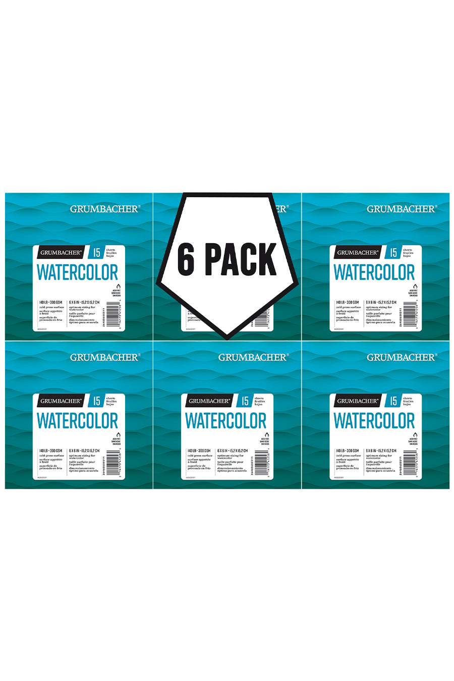 Grumbacher 6" x 6" Watercolor Paper Pad, 140 lb. / 300 GSM, Fold Over Construction, 15 White Cold-Press Sheets/Pad - 6 Pack