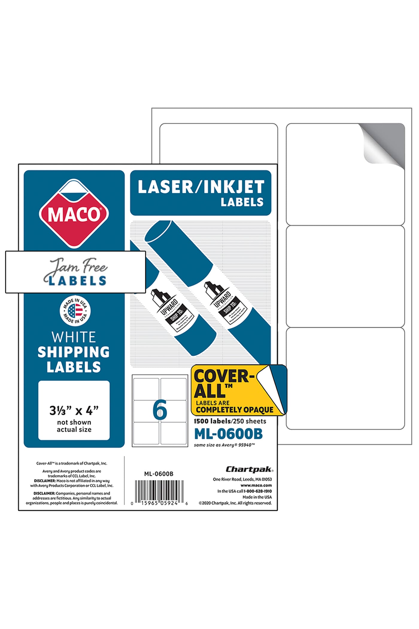 Laser/Ink Jet White Shipping Labels, 3-1/3" x 4", 6/Sheet, 1500 Labels/Bx