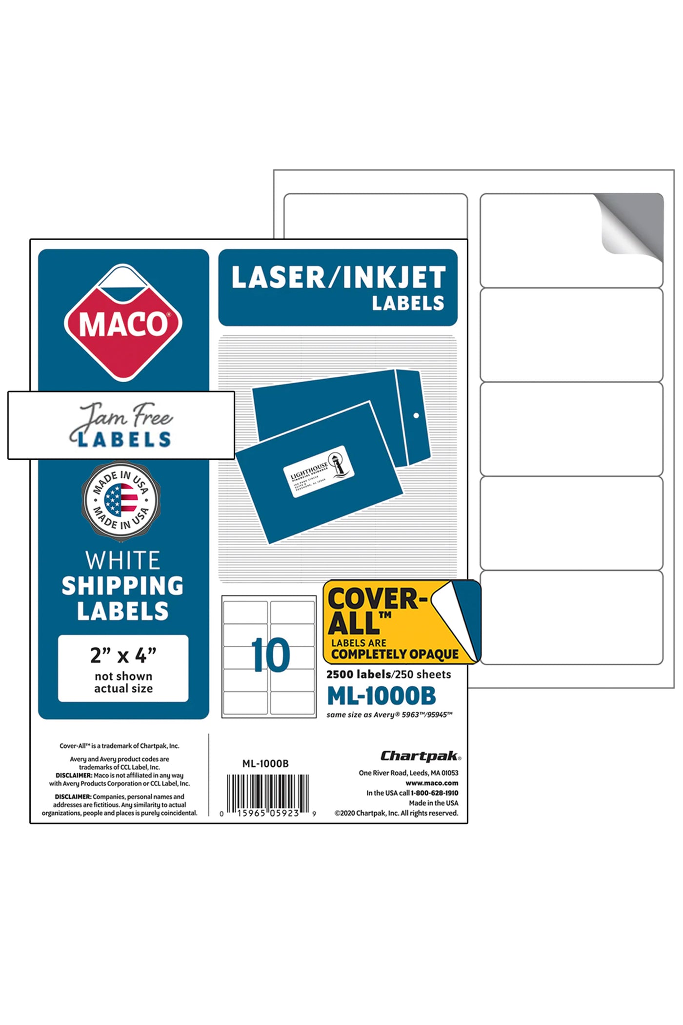 Laser/Ink Jet White Shipping Labels, 2" x 4", 10/Sheet, 2500 Labels/Bx