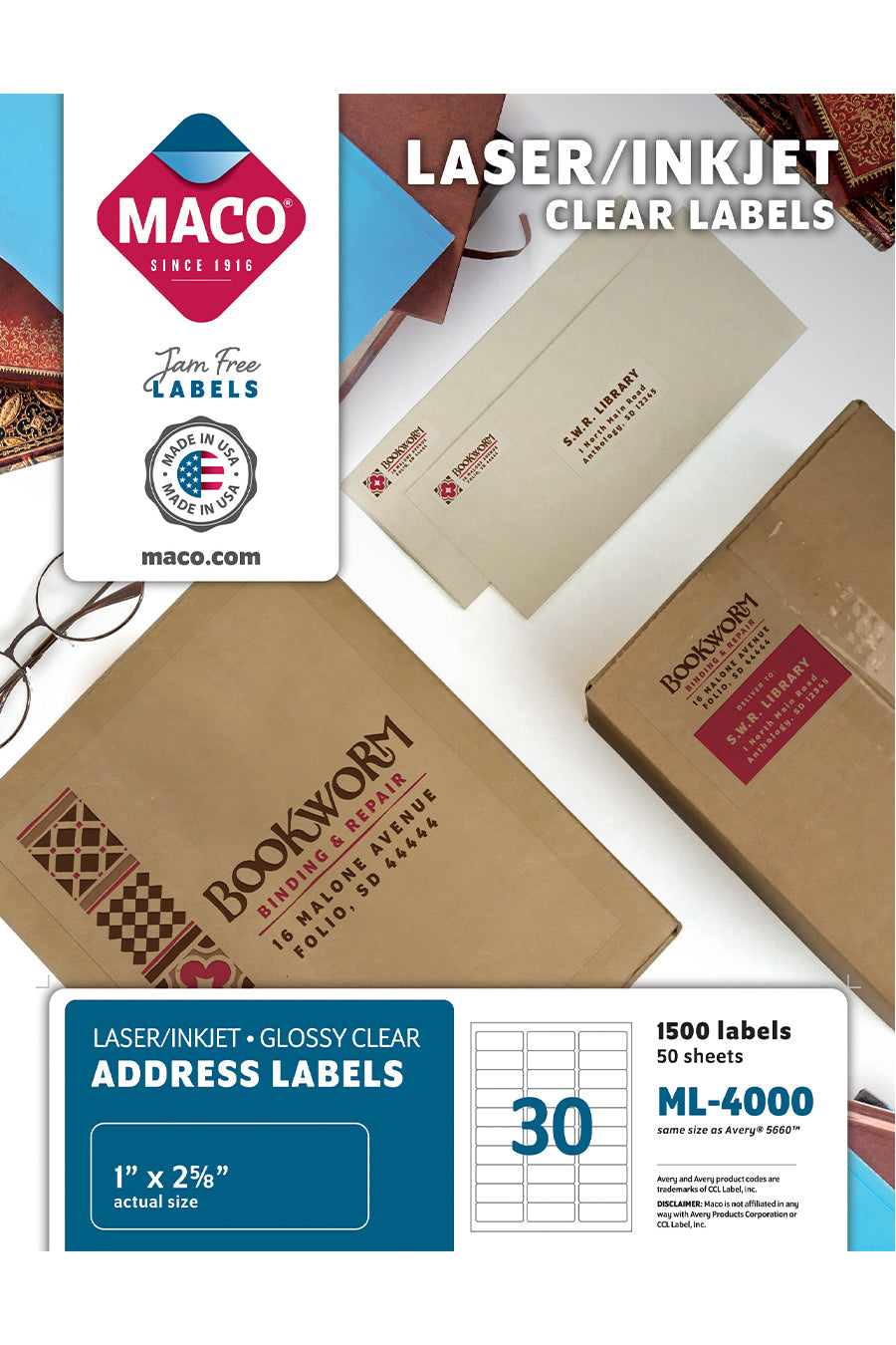 Laser/Ink Jet Clear Address Labels, 1" x 2-5/8", 30/Sheet, 1500 Labels/Bx