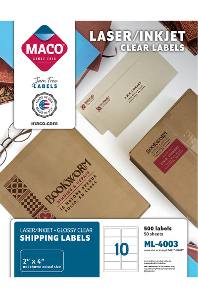 Laser/Ink Jet Clear Shipping Labels, 2" x 4", 10/Sheet, 500 Labels/Bx