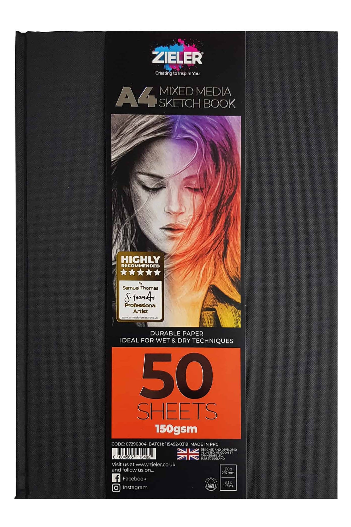 A4 Bound Hardback Mixed Media Sketchbook (Portrait) -150gsm, 50 sheets - by Zieler | 07290004