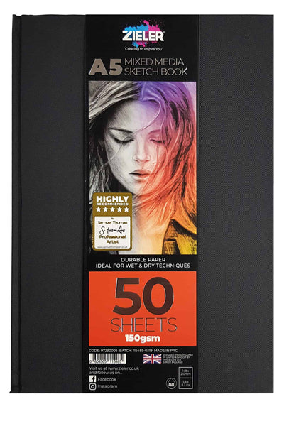 A5 Bound Hardback Mixed Media Sketchbook (Portrait) -150gsm, 50 sheets - by Zieler | 07290005