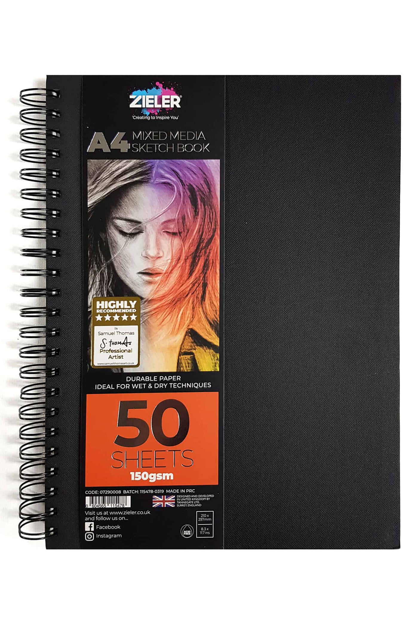 A4 Spiral Bound Hardback Mixed Media Sketchbook (Portrait) -150gsm, 50 sheets - by Zieler | 07290008