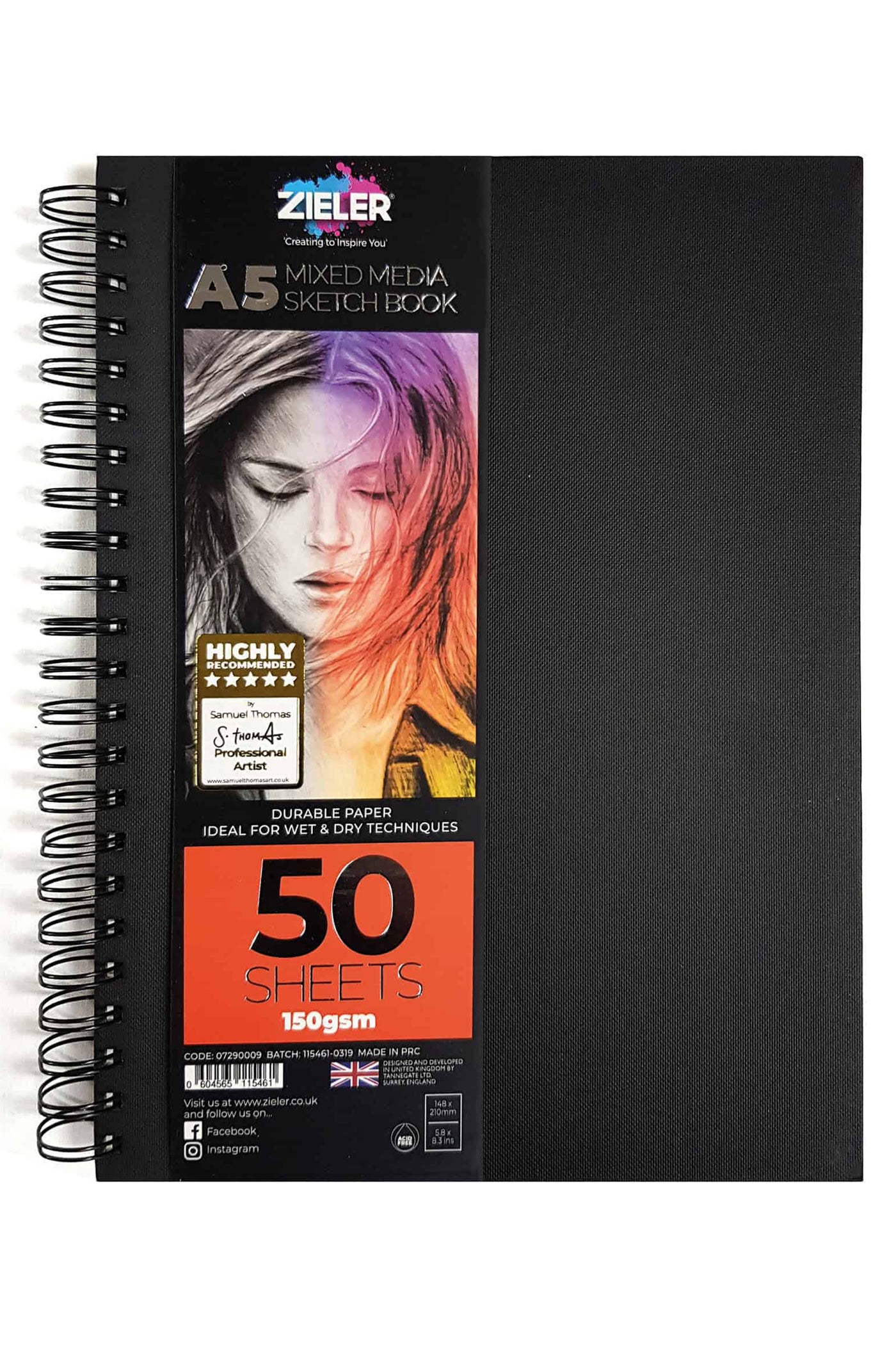 A4 Spiral Bound Hardback Mixed Media Sketchbook (Portrait) -150gsm, 50 sheets - by Zieler | 07290008