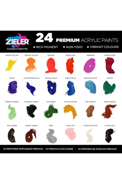 Premium Acrylic Paints Set - 24 High Pigment & Vibrant colors (22ml tubes) - by Zieler | 07290014