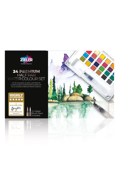 Premium 24 Half Pan Watercolor set with Detachable Pallet and 2 x Watercolor Brushes - by Zieler | 09292261