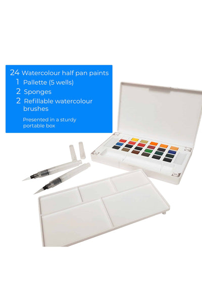 Premium 24 Half Pan Watercolor set with Detachable Pallet and 2 x Watercolor Brushes - by Zieler | 09292261