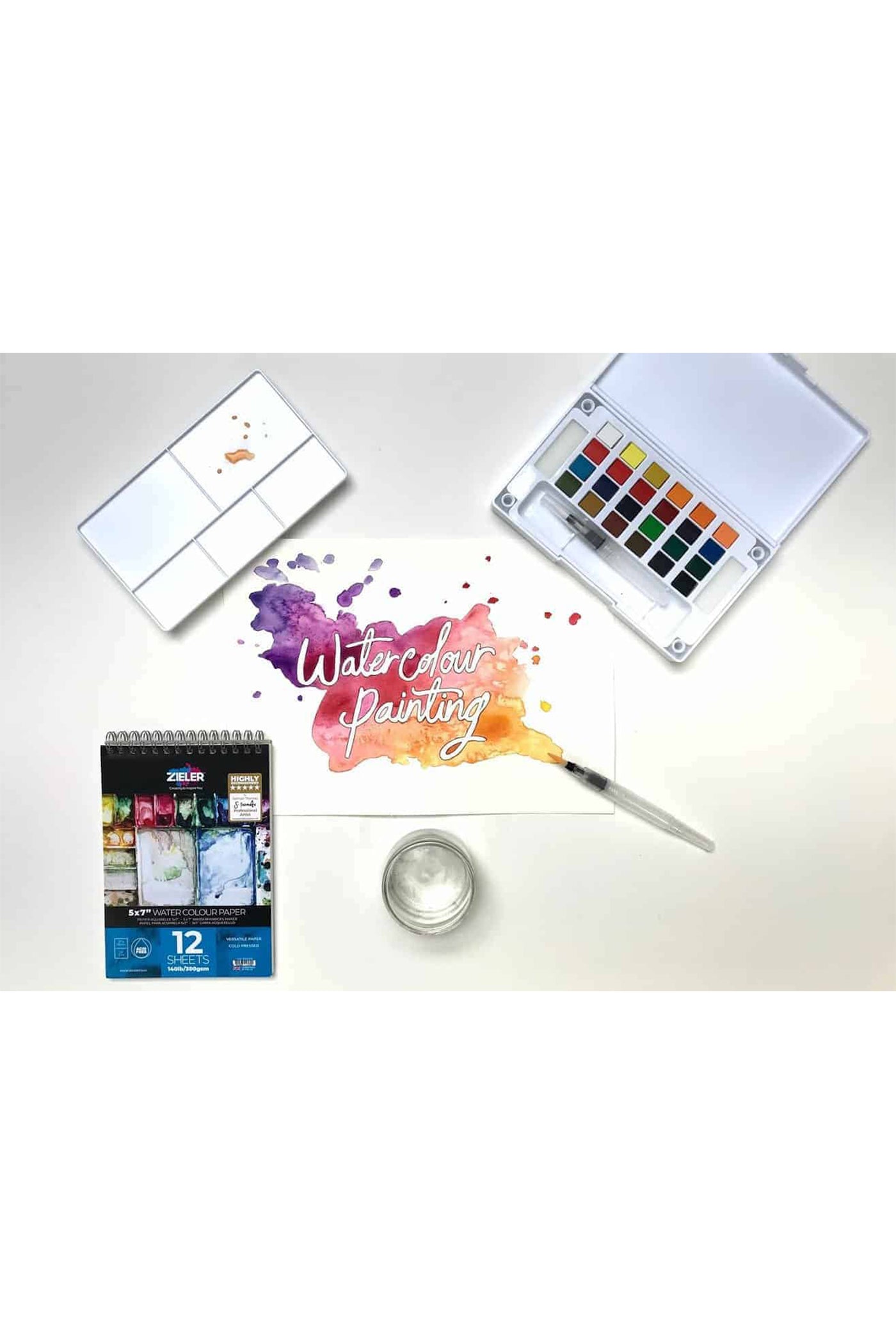 Premium 24 Half Pan Watercolor set with Detachable Pallet and 2 x Watercolor Brushes - by Zieler | 09292261