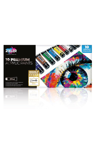 10 Premium Acrylic Paint Set - High Pigment & Vibrant colors (38ml Tubes) - by Zieler | 09299265