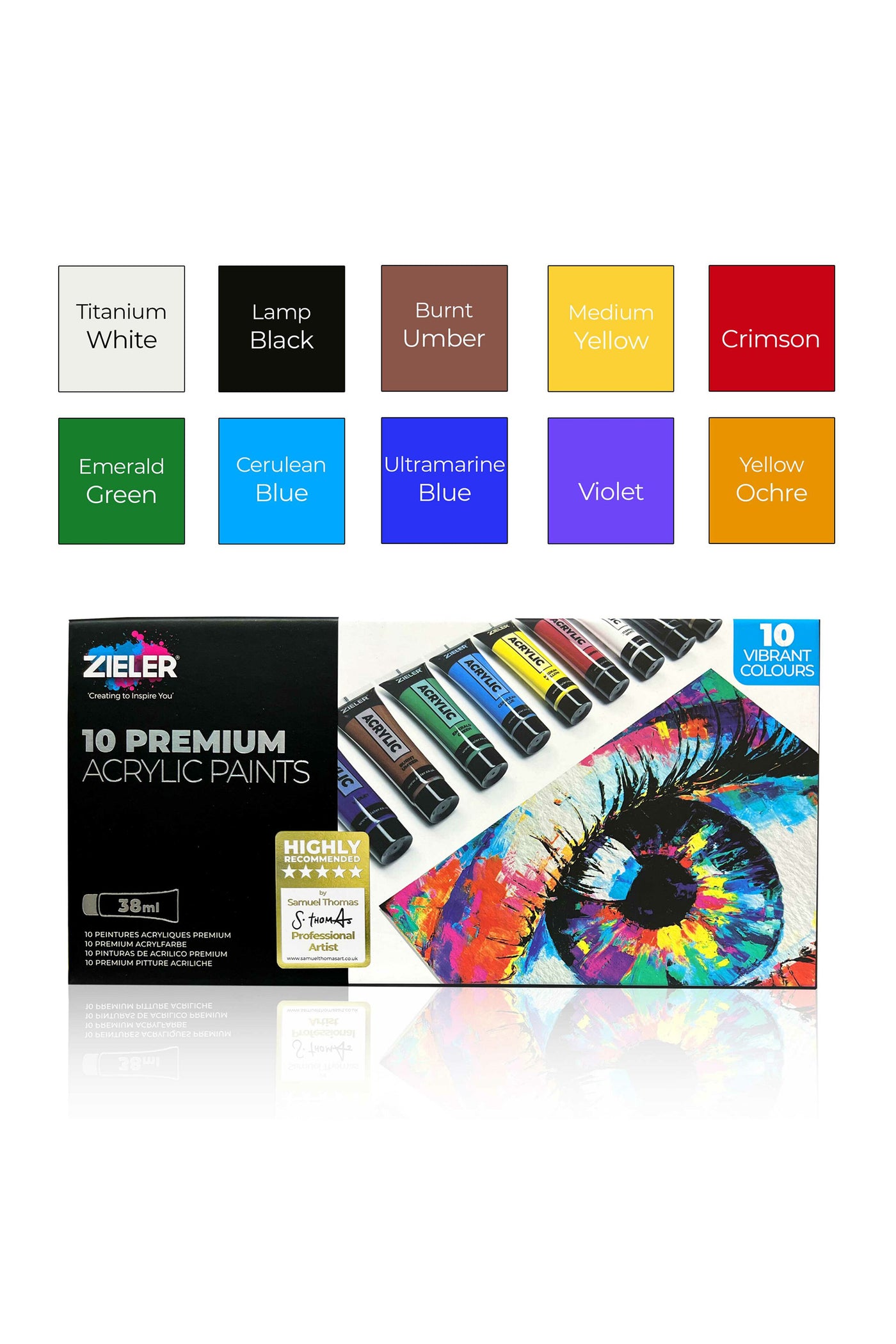 10 Premium Acrylic Paint Set - High Pigment & Vibrant colors (38ml Tubes) - by Zieler | 09299265