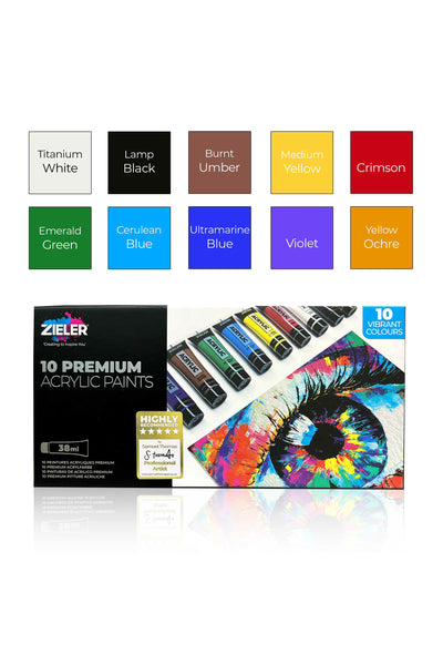 10 Premium Acrylic Paint Set - High Pigment & Vibrant colors (38ml Tubes) - by Zieler | 09299265