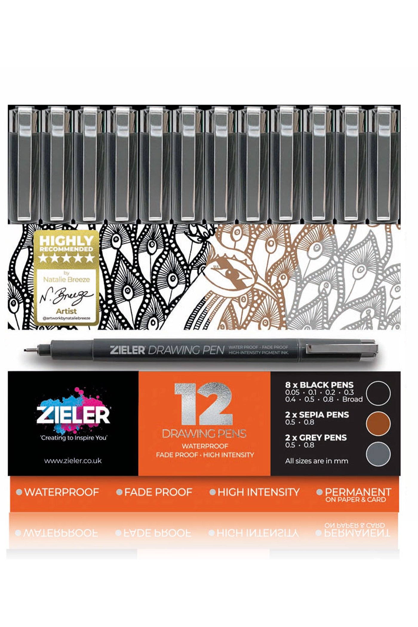 12 Fineliner Drawing Pens | Black, Sepia & Grey - by Zieler | 09299288