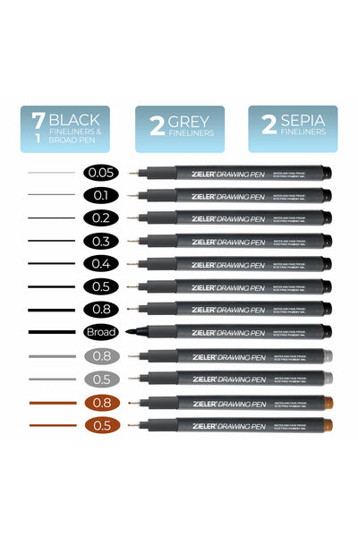 12 Fineliner Drawing Pens | Black, Sepia & Grey - by Zieler | 09299288