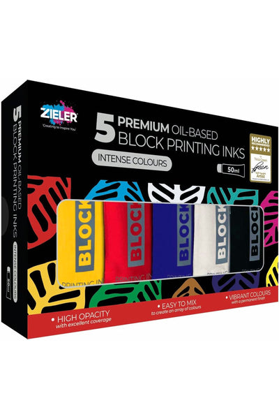 5 Block Printing Inks | Premium Oil-Based | 50ml Tubes in Black, Blue, Red, White & Yellow | 09299537