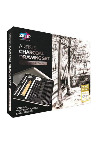 Artists Charcoal Drawing Set - 24 piece Gift Tin Set - by Zieler | 09299538